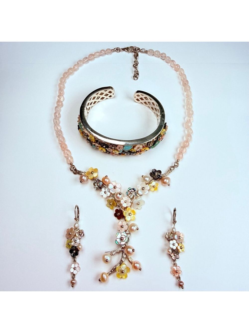Whitney Kelly Rose Quartz MOP Pearl Mosaic Flower Sterling Silver 925 Necklace - Picture 10 of 12